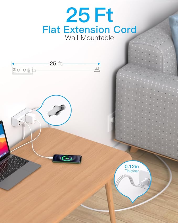 25Ft Extension Cord with Multiple Outlets, Flat Plug Power Strip Surge Protector with 20 Ft Long Cord, 6 Outlet 4 USB Ports (2 USB C), Multi Outlet Wall Plug for College, Dorm Room Essentials(White)