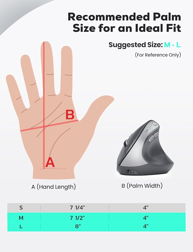 Nulea MD280 Ergonomic Vertical Wireless Mouse - Bluetooth & 2.4G Dual Mode, 4 Adjustable DPI 800/1200/1600/2400, Rechargeable, Silent Clicks, No Lag, 6 Buttons - Perfect for Laptop, Desktop Grey