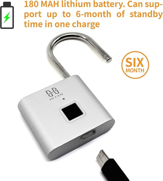 HIFAM Fingerprint Padlock, Keyless Biometric Gate Locks for Outdoor Fence Storage Gym, Smart Lock with USB Rechageable (Silver)