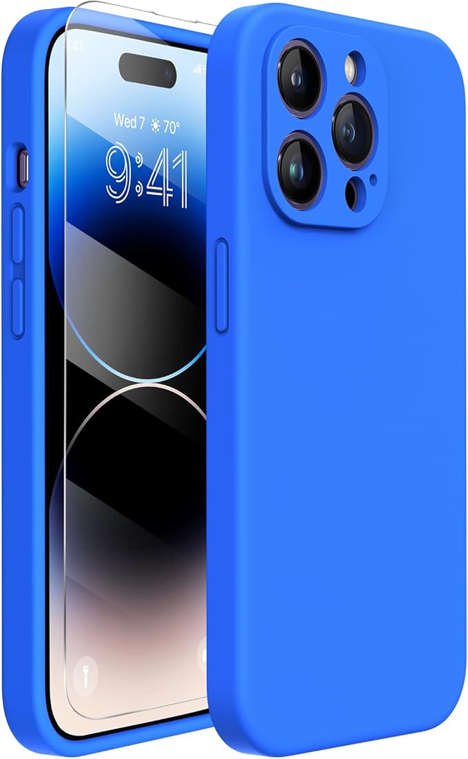 Miracase Designed for iPhone 14 Pro Case with Screen Protector, [Upgraded Camera Protection], Shockproof Liquid Silicone Rubber Phone Case Cover for 14 Pro 6.1 inch, Mediterranean Blue