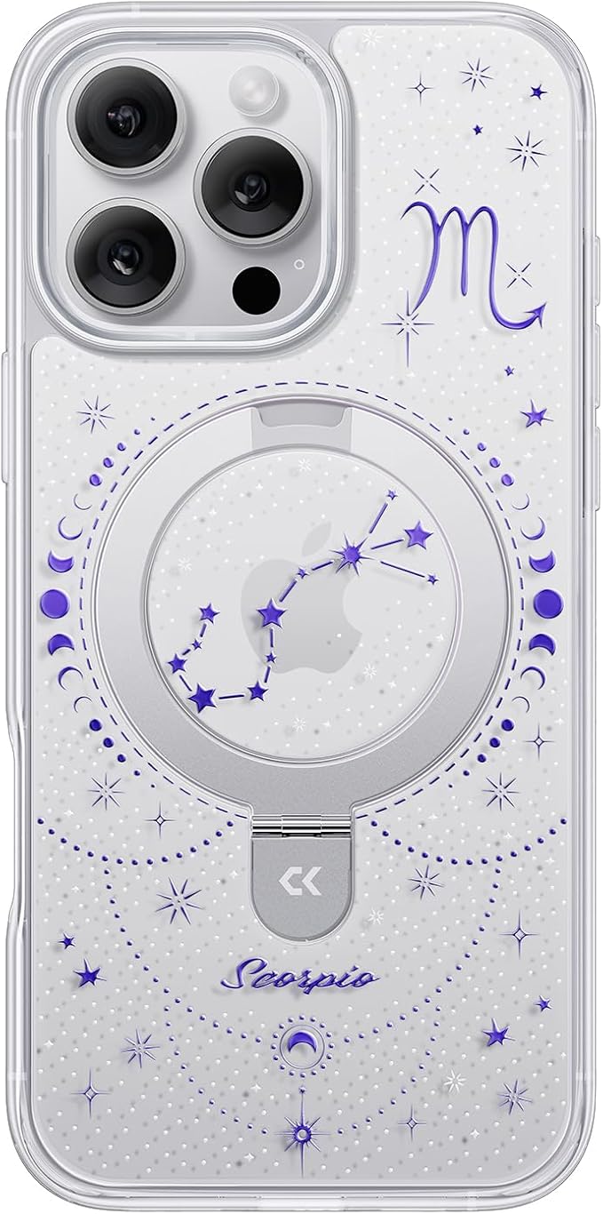 CASEKOO Scorpio [Zodiac Collection] for iPhone 16 Pro Max Case with Magnetic Ring Stand [Compatible with MagSafe] [Military-Grade Protection] Fashion Clear Back Design, Soft Edge