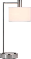 XiNBEi Lighting Table Lamp USB Desk Lamp with Fabric Shade, Modern Bedside Iron Lamp Brushed Nickel Finish for Bedroom Living Room & Office XB-TL1230-BN