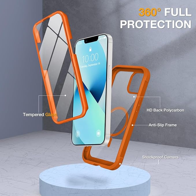 Miracase for iPhone 13 Case 6.1'',Full-Body Magnetic Clear Bumper Case with Built-in 9H Tempered Glass Screen Protector,Military Drop Protection Outdoor Phone Case,Orange