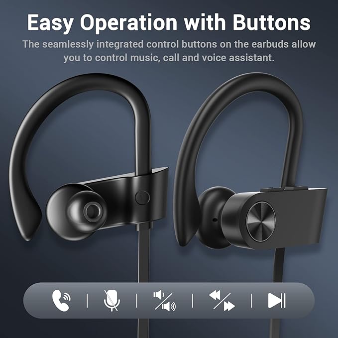 Bluetooth Headphones, Bluetooth 5.3 IPX7 Waterproof Wireless Sports Earbuds for Workout Gym, 16 Hrs Playtime Running Headphones with Noise Cancelling Mic, HiFi Bass Stereo in-Ear Earphones