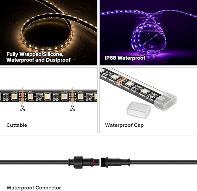 BTF-LIGHTING IP68 Waterproof Outdoor RGBW LED Strip 5050SMD RGB+Warm White(3000K-3500K) 4 Colors in 1 DC12V 16.4ft 5m 60LED/m Multi-Colored Tape Lights Can Work Outdoor(No Adapter or Controller)