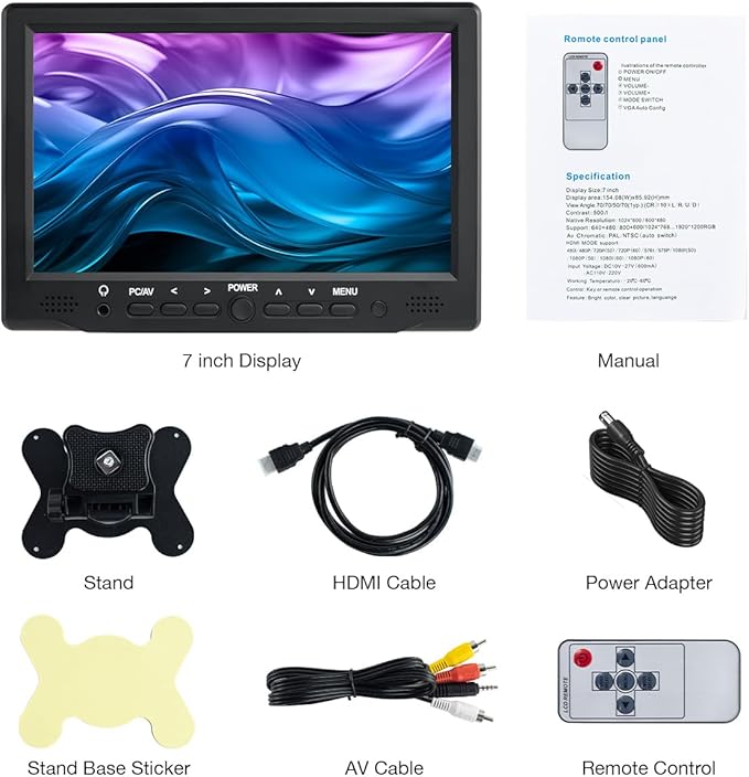 Hosyond 7 inch Small Monitor TFT LCD Display 1024X600 HDMI Mini Portable Screen for PC/TV/Camera/Gaming/Raspberry Pi