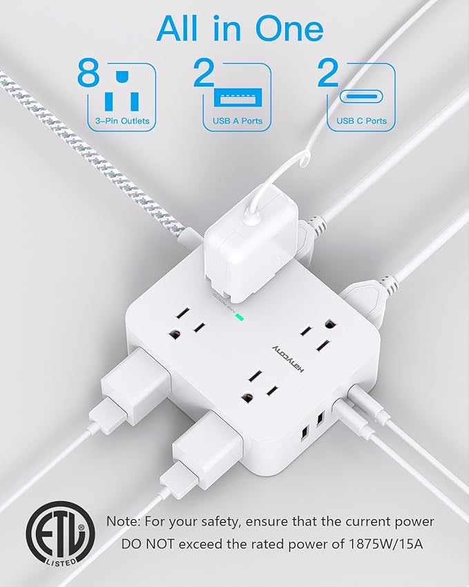 HANYCONY Extension Cord 20 Ft, Power Strip Surge Protector with 8 Outlets 4 USB Ports(2 USB C), Long Cord, Flat Plug, Wall Mount, Desk USB Charging Station for Home Office Essentials