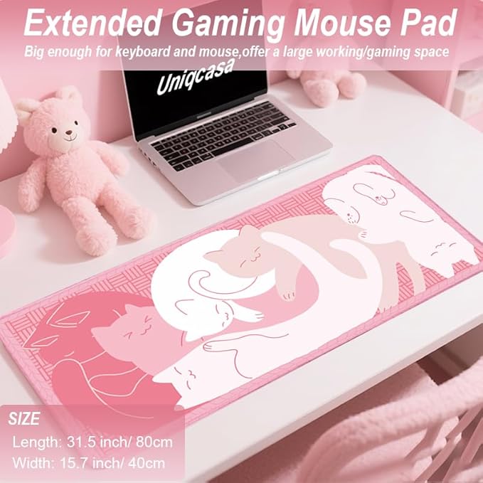 Gaming Mouse Pad XXL Extended Anime Mouse Pad 31.5x15.7 inch, Large Cute Kawaii Big Computer Mouse Mat Desk Pad with Non-Slip Rubber Base and Stitched Edge for Home Office-Pink Cat