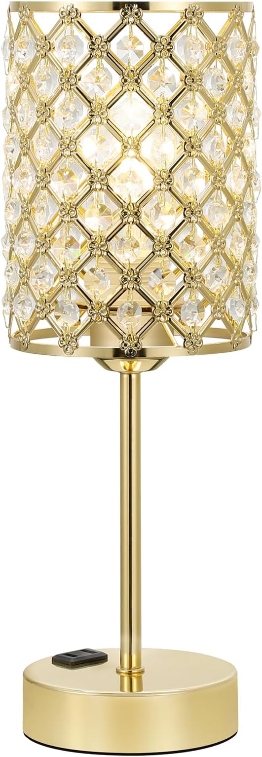 Hong-in Gold Lamps for Night Stands-Crystal Table Lamp with USB-C+A & AC Charging Ports, 3-Way Dimmable Nightstand Touch Lamp, Bedside Desk lamp for Bedroom Living Room Home Office