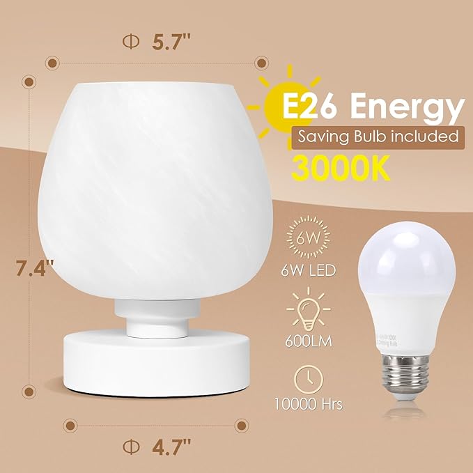 Bedside Table Lamp - Touch Small Lamp for Bedroom Nightstand, 3-Way Dimmable, White Opal Glass Shade, Warm LED Bulb Included