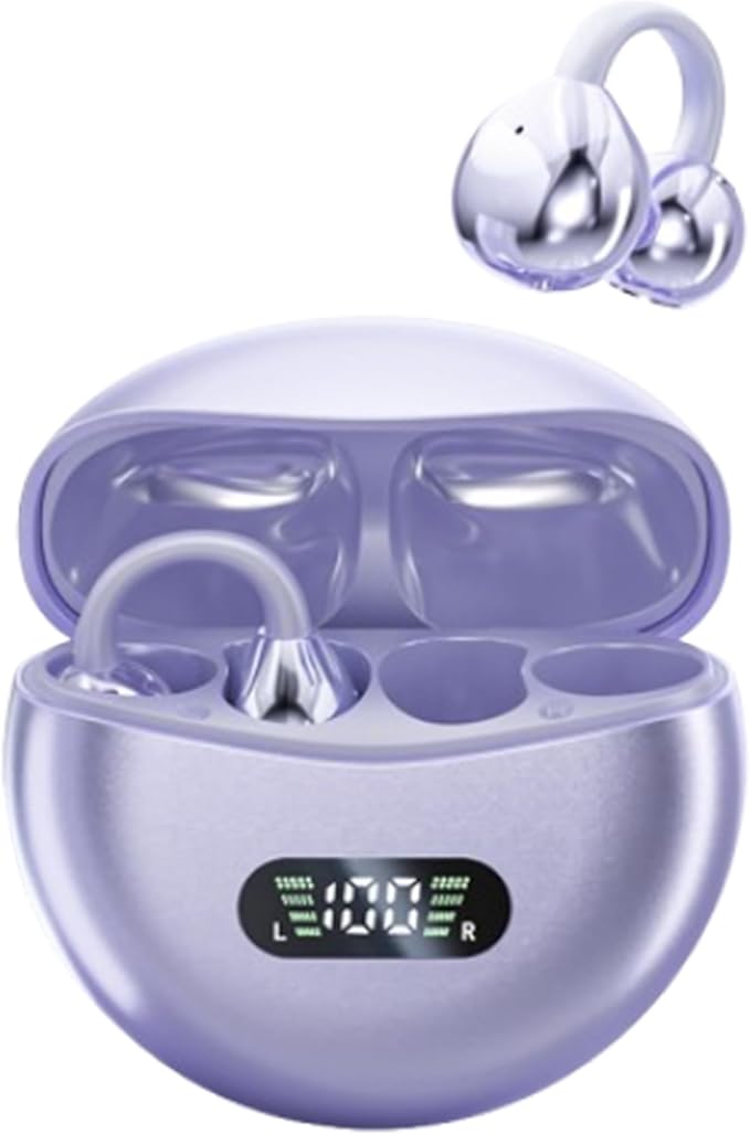 Open Ear Clip Headphones Wireless Earbuds Bluetooth 5.4 Sports Earphones Wireless Charging Case & LED Power Display Waterproof Fitness Headphones for Running (Purple)