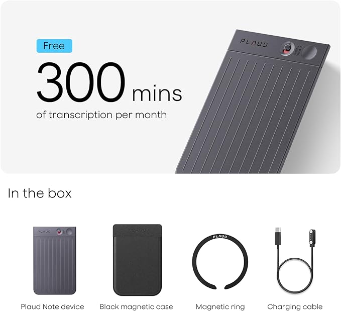 Plaud Note AI Voice Recorder Black with Black Case, App Control, AI Transcribe & Summarize, Support 112 Languages, 64GB Memory, Audio Recorder for Lectures, Meetings, Calls, Non-Pro Version