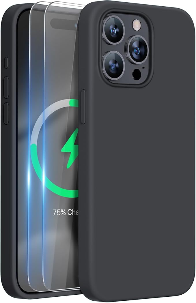 Miracase for iPhone 15 Pro Max Case, [with 2X Screen Protectors], Compatible with MagSafe, Liquid Silicone Case Shockproof Drop Protection Phone Case for 15 Pro Max, Black Magnetic