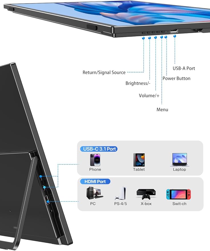 Newsoul 23.8" Portable Monitor 144Hz USB-C HDMI Computer Display for Business Travel/Office/Game, Slim & Light External Screen with Dual Speakers
