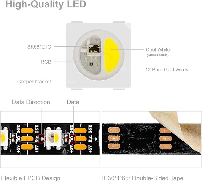 BTF-LIGHTING RGBW RGB+Cool White SK6812 (Similar WS2812B) 4 Colors in 1 LED Strip Individually Addressable 16.4ft 60Pixel/m 300LED Light Dream Color IP30 DC5V Black PCB (No Adapter or Controller)