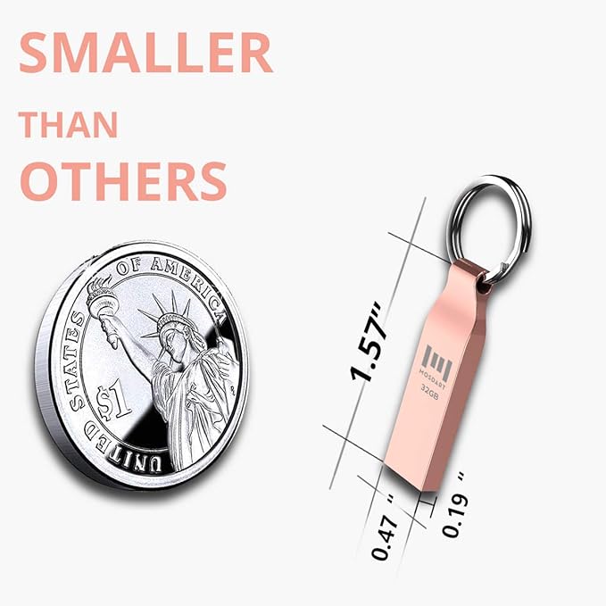 MOSDART Waterproof 32GB USB2.0 Flash Drive, FAT32 Metal Memory Stick with Keychain, for System Back, Data Storage, Rose Gold(Pack of 2)