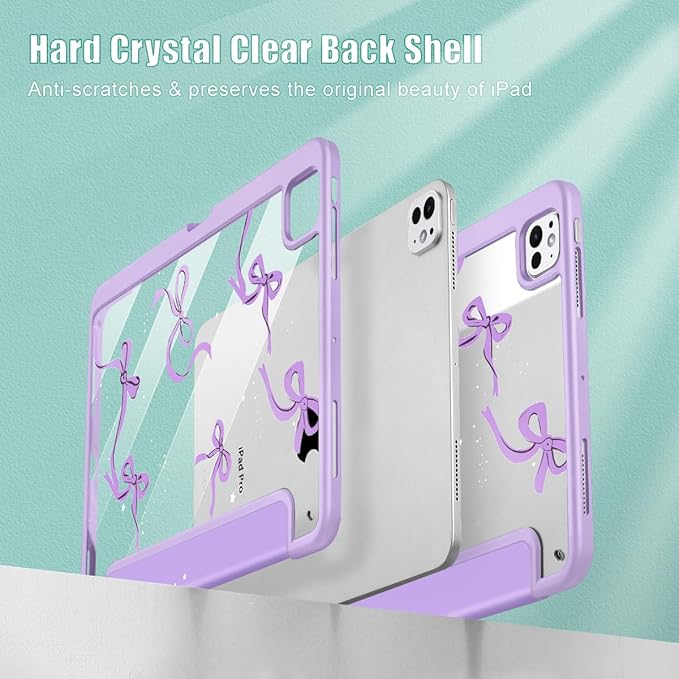 May Chen Case for iPad Pro 11-Inch M5/M4 2025/2024 (6th/5th Generation), Clear Transparent Print Back Shell Slim Stand Shockproof Tablet Cover, Auto Wake/Sleep, Purple Bows