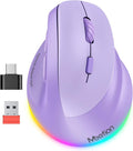 MEETION Ergonomic Mouse, Wireless Vertical Mouse RGB Backlit, Rechargeable Mice for Bluetooth(5.2+3.0) & USB-A with USB-C Adapter, 4 Adjustable DPI Compatible Mac/Windows/Andriod/PC/Tablet/iPad Purple