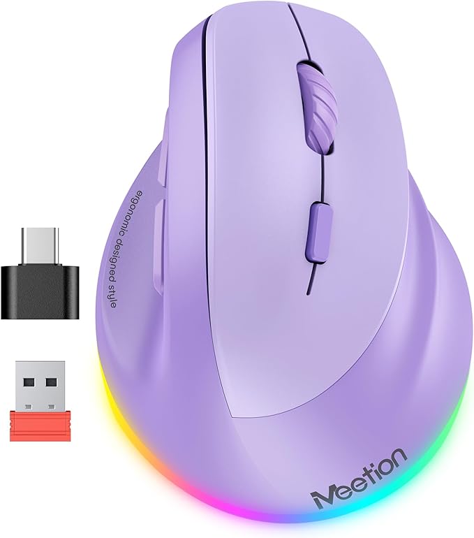 MEETION Ergonomic Mouse, Wireless Vertical Mouse RGB Backlit, Rechargeable Mice for Bluetooth(5.2+3.0) & USB-A with USB-C Adapter, 4 Adjustable DPI Compatible Mac/Windows/Andriod/PC/Tablet/iPad Purple