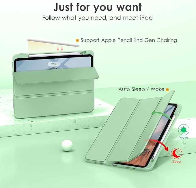 VIKESI for iPad Pro 11 Inch 4th/3rd/2nd/1st Generation Case, iPad Air 11-inch / 5th / 4th Generation Case with Clear Back,Pencil Holder,Auto Sleep/Wake,Camera Protection,Green