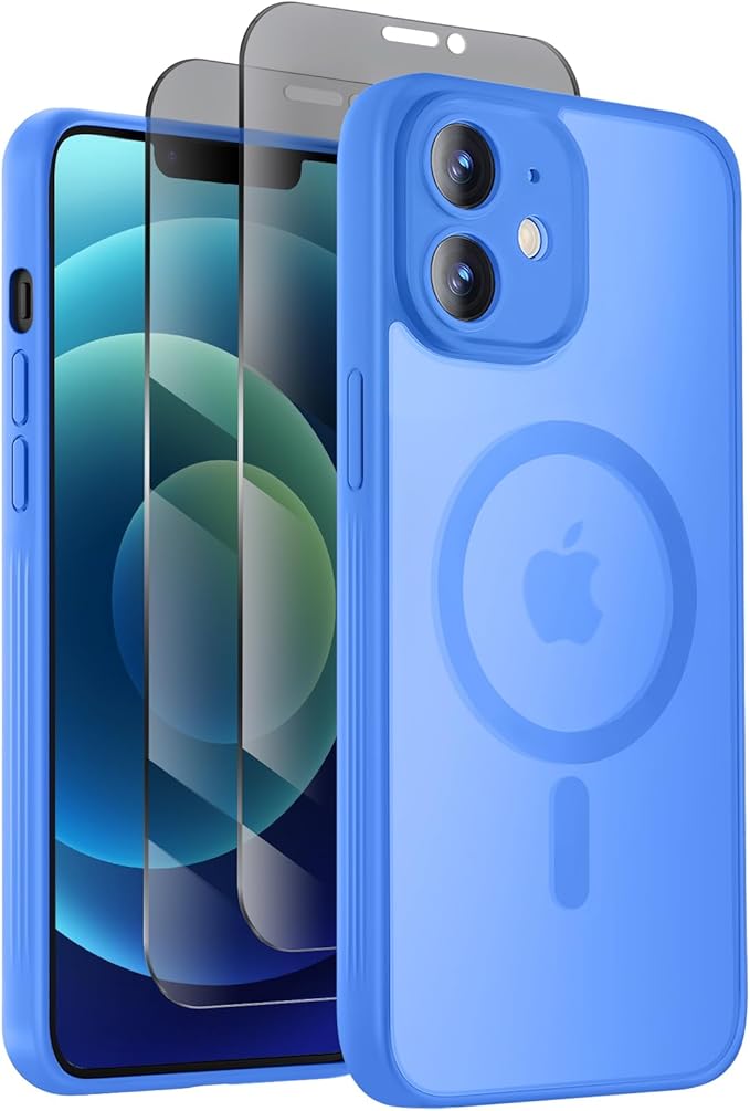 Symcele Designed for iPhone 12 Case, Compatible with MagSafe, with Privacy Screen Protectors X2, [Camera Protection] [15FT Military Drop Protection] Shockproof Phone Case, 6.1", Blue