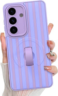 KANGHAR Compatible with Samsung Galaxy S26 Case, Support for MagSafe, Silicone Stripes Cute Pattern, Wristband Kickstand Camera Protection Soft Slim Cover for Girls Women -Purple