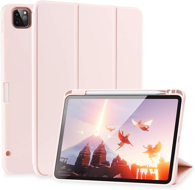 Case for iPad Pro 11 Inch 4th/3rd/2nd Generation 2022/2021/2020 with Pencil Holder [Support iPad 2nd Pencil Charging] Slim Trifold Stand Smart Protective Cover, Auto Wake/Sleep(Light Pink)