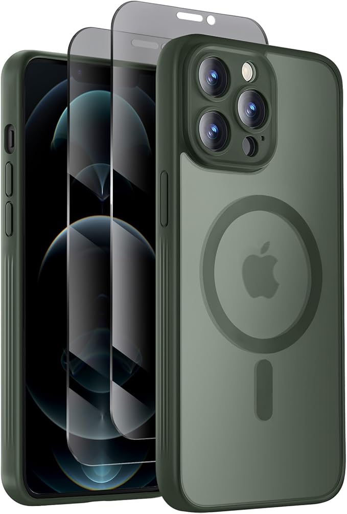 Symcele Designed for iPhone 12 Pro Case, Compatible with MagSafe, with Privacy Screen Protectors X2, [Camera Protection] [15FT Military Drop Protection] Shockproof Phone Case, 6.1", Alpine Green