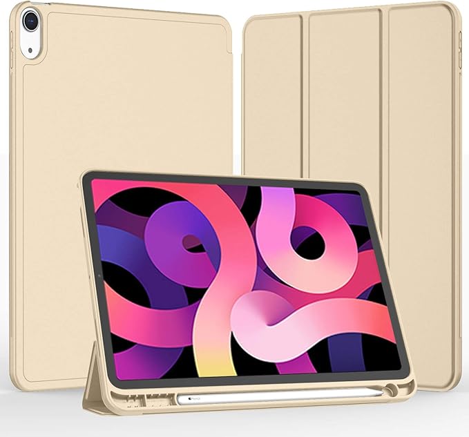 iMieet iPad Air 11 Inch Case M4/M3/M2(2026/2025/2024), iPad Air 5th/4th Generation Case 2022/2020 10.9 Inch with Pencil Holder,Trifold Stand Smart Case with Soft TPU Back(Champagne Gold)