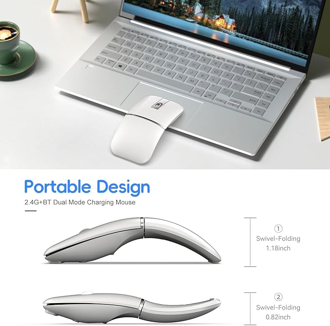 Foldable Bluetooth Travel Mouse,Wireless Portable 2.4G Arc Mice,Multi-Device (Bluetooth+2.4G),360° Rotating Rechargeable Flat Mice for Desktop PC Laptops Tablets-White