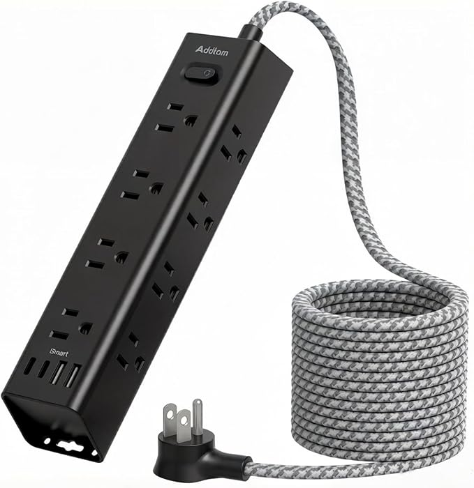Addtam Black Power Strip Surge Protector with 12 AC Outlets & 4 USB Ports, 5FT Extension Cord, Flat Plug Wall Mount, 1050J, Desk Charging Station for Home Office Gaming Setup, ETL Listed
