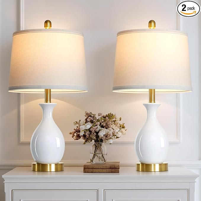 24" White Ceramic Table Lamps Set of 2 for Bedroom, Modern Classic Bedside Lamps for Nightstand, Small Table Lamp for Living Room Side Table (2 LED Bulbs Included)