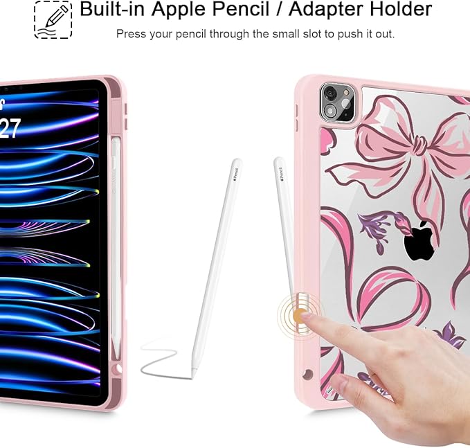 Mektron Case for iPad Pro 11 inch (4th, 3rd, 2nd & 1st Gen) 2022 2021 2020 2018, Buit in Pencil Holder with Shockproof Cover Clear Shell + Auto Wake/Sleep, Flowers-Bows-Pink