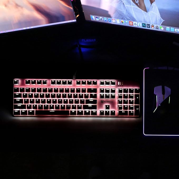 Qisan 104 Mechanical Keyboard for Gaming | Large Size USB White Backlit Gaming Keyboard Wired | US Layout Blue Switches Hot Swappable Mechanical Clicky Keyboards Compatible with PC & Laptop