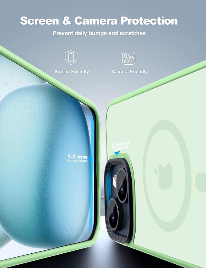 Tigowos for iPhone 15 Phone Case Fits MagSafe 10FT Drop Resistant Matte Skin Feeling Back Cover for iPhone 15 Case，Matcha Green