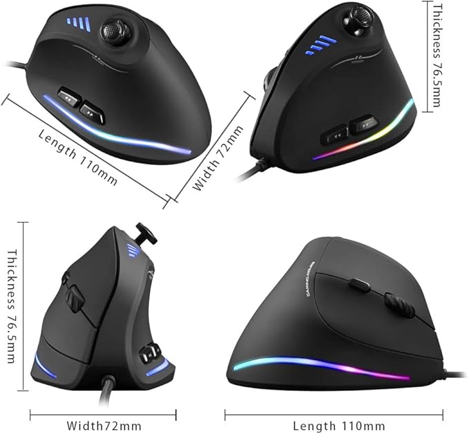 Vertical Mouse, Ergonomic USB Wired Vertical Mouse with [5 D Rocker] [10000 DPI] [11 Programmable Buttons], RGB Gaming Mouse for Gamer/PC/Laptop/Computer