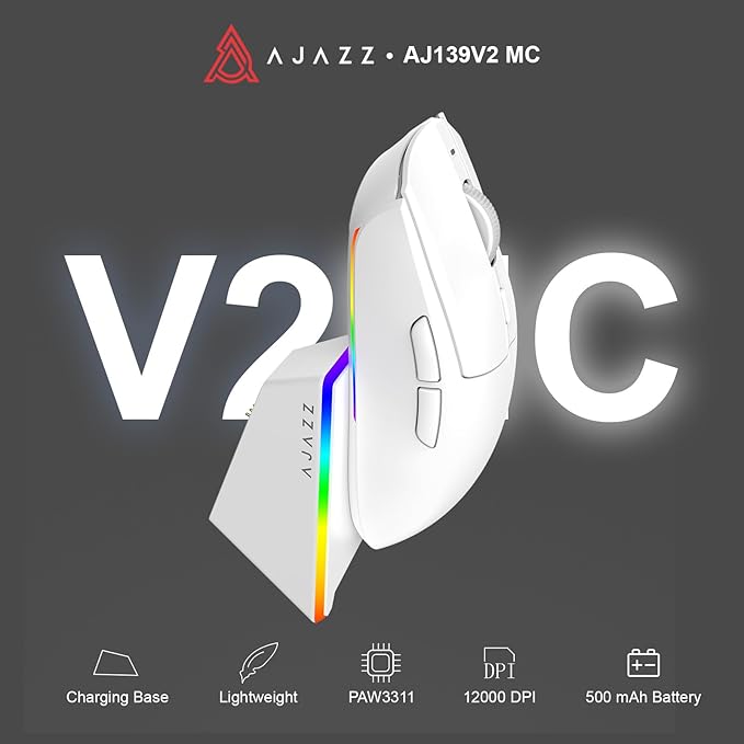 AJ139 V2 MC Wireless Gaming Mouse 2.4G Wired/Bluetooth | RGB Magnetic Charging Dock | Lightweight Design | 12K DPI | 500mAh Battery | PAW3311 Sensor | 5 Programmable Buttons, Compatible with PC/Mac