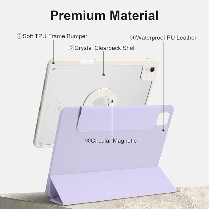 Case for iPad Air 13 Inch M4/M3/M2 2026/2025/2024, iPad Pro 12.9" 6th/5th Gen. 2022/2021 with Pencil Holder, Vertical Stand, Detachable Magnetic Trifold Stand Case,Auto Wake/Sleep,Lilac+White