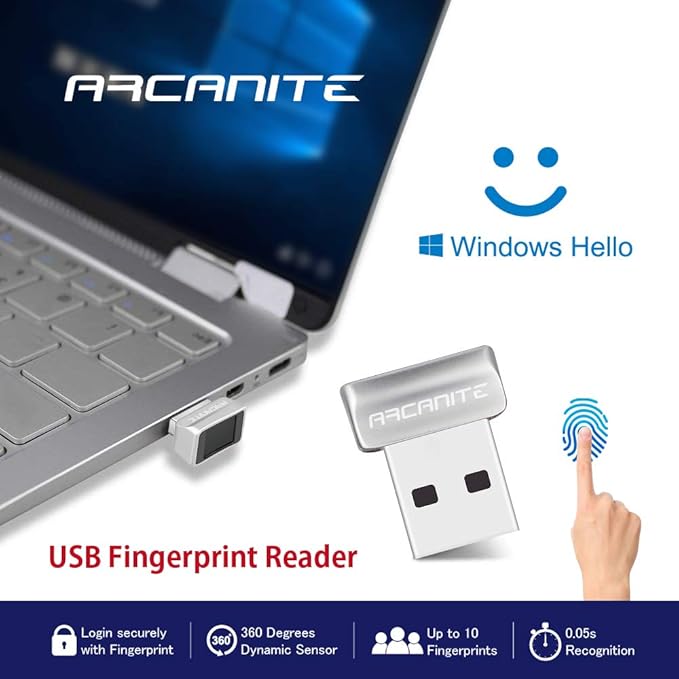 ARCANITE USB Fingerprint Reader for Windows 10 Hello, 0.05s 360-Degree Sensor Security Device, AKFSD-07