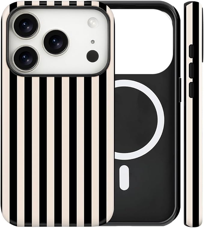 Magnetic for iPhone 17 Pro Max Case Cute Stripes Phone Case, Shockproof Slim TPU and Hard PC Protective Phone Cover Compatible with MagSafe Designed for Women Girls, Black and White