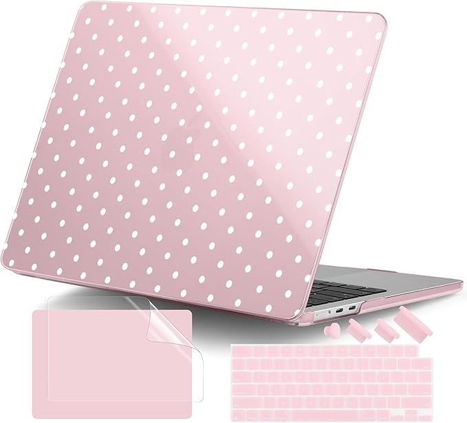 DONGKE Compatible with M5 MacBook Air 15 inch Case 2026 2025-2023 A3448 A3241 A3114 A2941 M4 M3 M2 Liquid Retina Display Touch ID, Protective Hard Shell Cover & Keyboard Skin - White Polka Dots