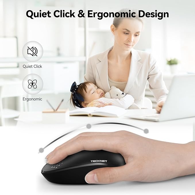 TECKNET Wireless Mouse, 2.4G Quiet Computer Mouse with USB Receiver, 4 Buttons Portable Cordless Mice for Chromebook, Laptop, PC, Mac, 800/1200/1600 DPI - Black