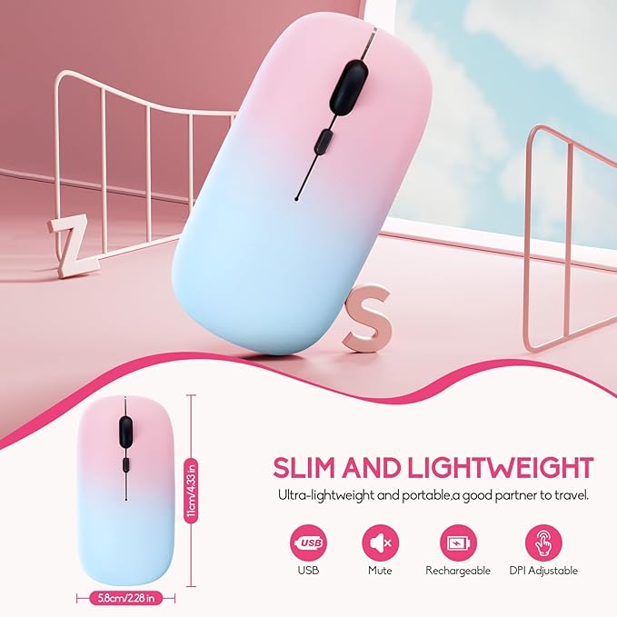 Wireless Bluetooth Mouse,LED Dual Mode Rechargeable Silent Slim Laptop Mouse,Portable(BT5.2+USB Receiver) Dual Mode Computer Mice,for Laptop,Desktop Computer,ipad Tablet,Phone,TV (Pollen blue)