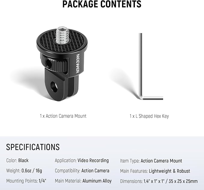 NEEWER Action Camera Mount Adapter with 1/4" Screw Aluminum Alloy Compatible with GoPro Hero 13 12 Insta360 X4 X3 DJI Osmo Pocket 3 Creator Combo Phone Cage, GP-7