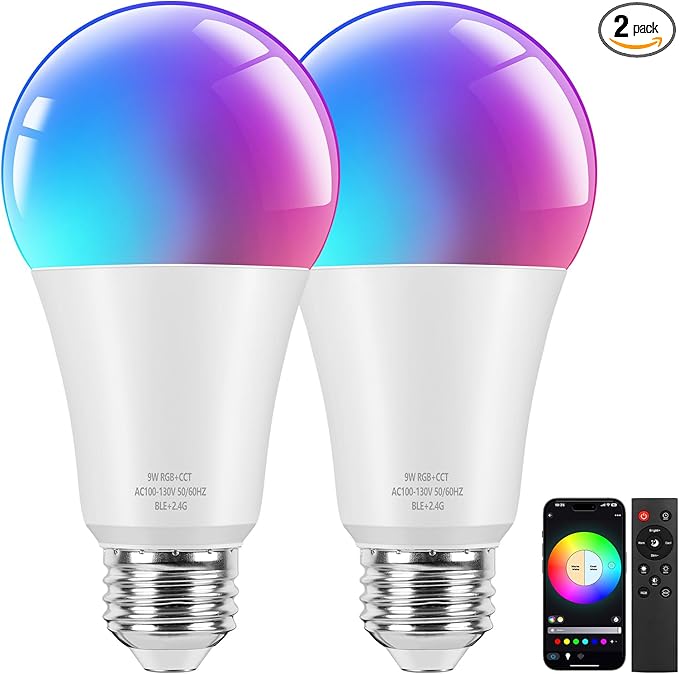 Brightever Smart A19 LED Light Bulbs, 60W Equivalent 800LM Color Changing E26 9W Bluetooth Light Bulbs with Remote Control, 16 Million DIY Colors RGBWW, Music Sync, 2-Pack