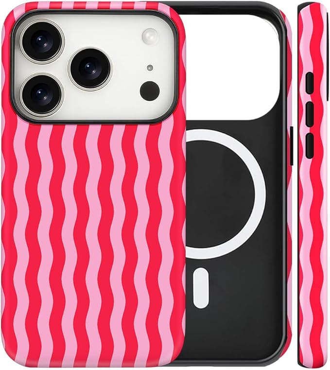 Magnetic for iPhone 17 Pro Case Cute Wavy Stripes Phone Case, Shockproof Slim TPU and Hard PC Protective Phone Cover Compatible with MagSafe Designed for Women Girls, Red