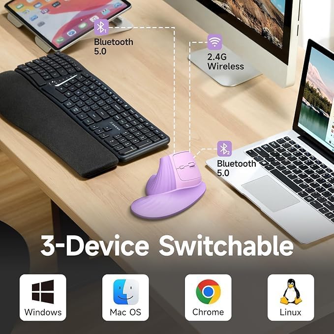 SANWA Wireless Ergonomic Mouse for Large Hands, Silent Click Vertical Mice with Removable Wrist Rest, 1000-4000 DPI, 3-Device (2.4G + 2 Bluetooth 5.4), Compatible with Mac, Windows, Laptop, PC, Purple