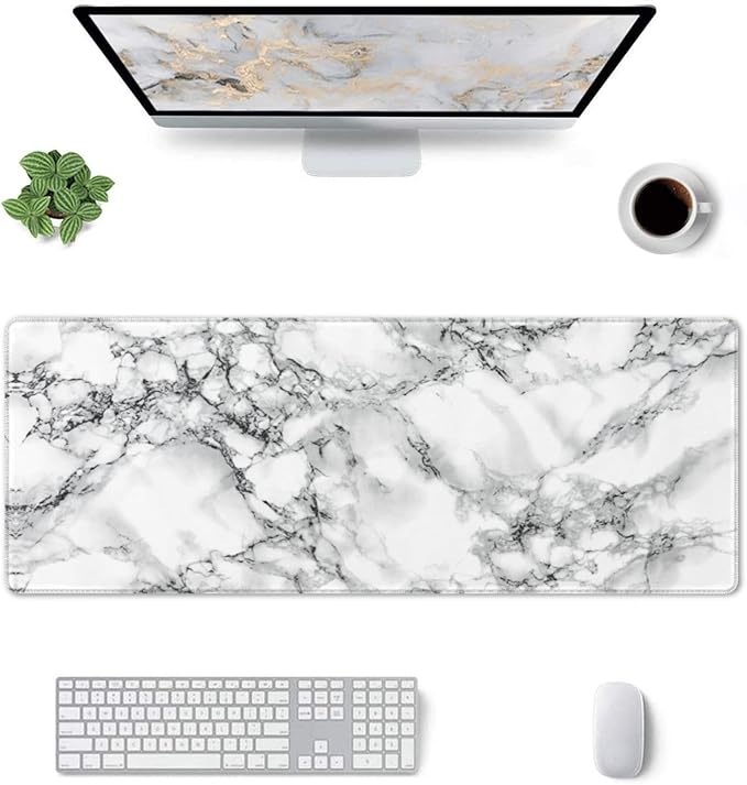 Black and White Marble XL Large Mouse Pad with Stitched Edges Long Non-Slip Rubber Base Mousepad Laptop Keyboard Mat Desk Pad for Office Home Desk Decor, 31.5" X 11.8"