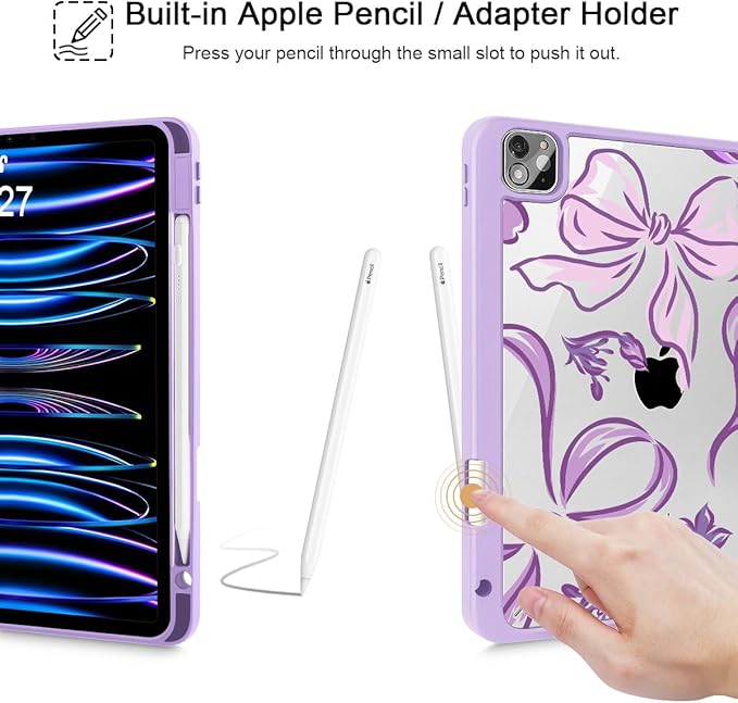 Mektron Case for iPad Pro 11 inch (4th, 3rd, 2nd & 1st Gen) 2022 2021 2020 2018, Buit in Pencil Holder with Shockproof Cover Clear Shell + Auto Wake/Sleep, Flowers-Bows-Purple