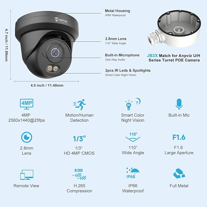 Anpviz 4MP PoE Camera Black, Full Metal Turret Security IP Camera Outdoor Wired, AI Human Motion Detection, Smart Color Night Vision, Built-in Mic, 2.8mm Lens@25FPS, NDAA, IPC-D3B43B-S (U Series)